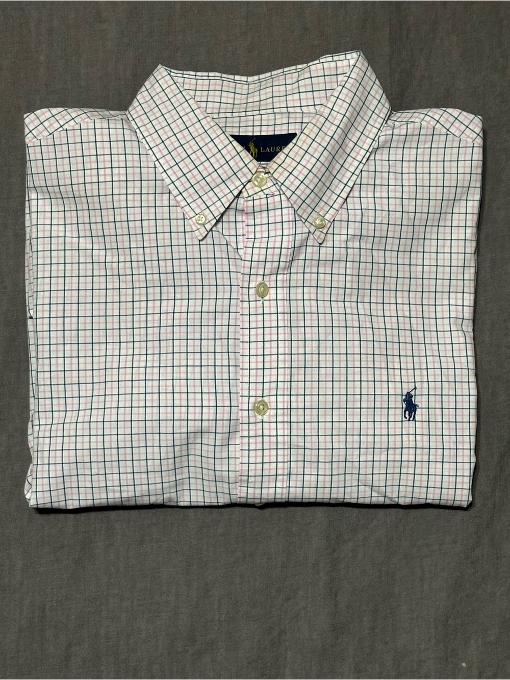Ralph Lauren White Button-Down Shirt with Blue and Pink Windowpane Check